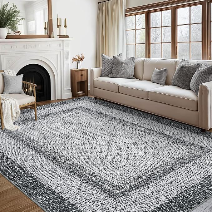 RUGSREAL Washable Rug 5x7 Modern Geometric Living Room Bedroom Rugs | Throw Floor Cover Braided Print Dining Room Rugs Non Slip Farmhouse Rustic Carpet for Nursery Kitchen Dining Room, Grey