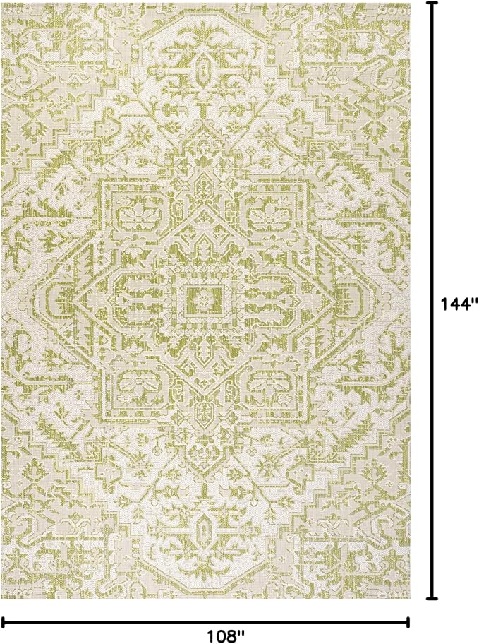 JONATHAN Y Boho Medallion Indoor Outdoor Area Rug 9X12 Cream/Green, Estrella Textured Weave for Backyard, Patio, Porch, Easy-Cleaning, High Traffic, Pet-Friendly, Non-Shedding (SMB105E-9)