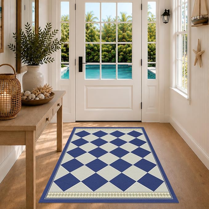 Diamond Checkered Easy Jute 3x4 Navy Blue Indoor Outdoor Rug, Washable Non Slip Boho Coastal Area Rugs for Entryway, Modern Minimalist Patio Porch Floor Mat, Kitchen Bathroom Balcony Decor