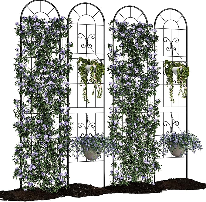 GarveeTech 4 PCS 55x11 in Black Metal Garden Trellis - Rustproof Climbing Plant Support for Roses, Vines, Vegetables & Flowers - Indoor/Outdoor Trellis for Potted Plants, Houseplants & Patio Gardening