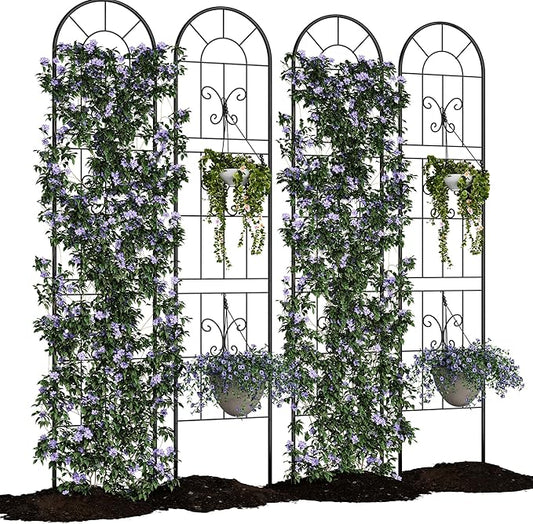 GarveeTech 4 PCS 55x11 in Black Metal Garden Trellis - Rustproof Climbing Plant Support for Roses, Vines, Vegetables & Flowers - Indoor/Outdoor Trellis for Potted Plants, Houseplants & Patio Gardening