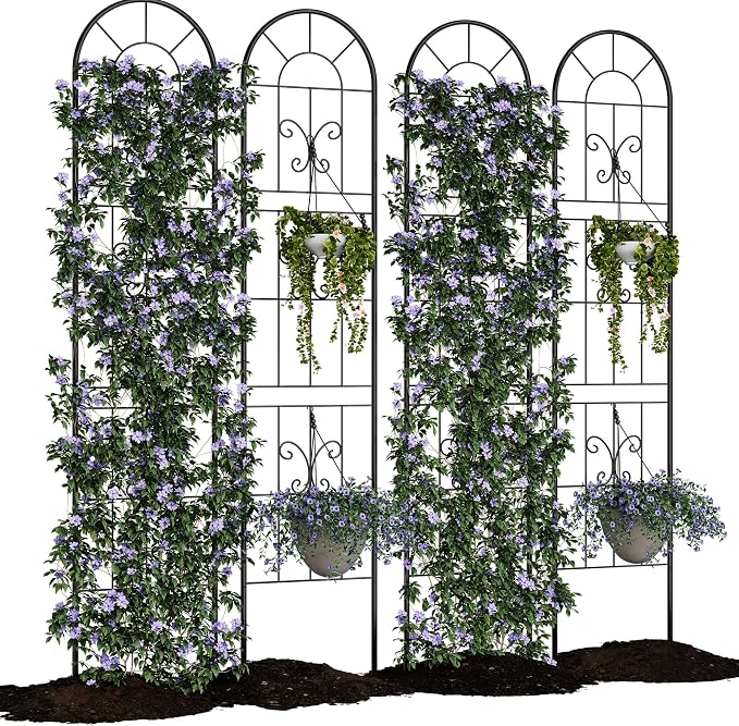 Garvee 55"x11" Metal Garden Trellis Panel (4-Pack), Black Rustproof Narrow Plant Support for Climbing Roses, Vines, Vegetables, Indoor & Outdoor Decorative Fence