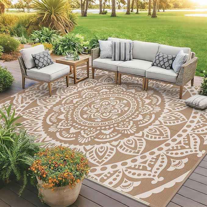 Bsmathom Waterproof Outdoor Rug 9x12ft Large Reversible Boho Plastic Straw Patio Deck Camping Rugs, Indoor Outdoor Portable RV Mat Carpet for Outside, Porch, Balcony, Backyard, Beach, Pool,Brown