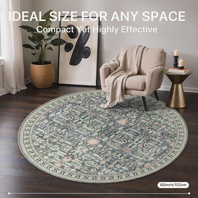 Round Rug 5ft-Machine Washable Area Rugs Non-Slip for Bedroom, 5x5 Vintage Floral Rug Distressed Throw Carpet for Living Room Nursery Kitchen Bathroom, Green/Blue