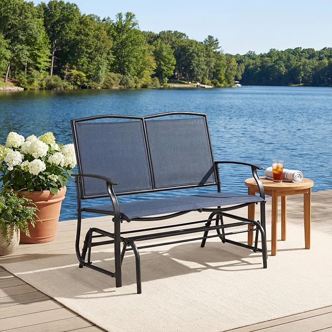 Tangkula 2-Person Patio Swing Glider Bench, Outdoor Rocker Glider Loveseat Chair W/Heavy-Duty Steel Frame, Breathable Seat Fabric, Rocking Lounge Chair for Poolside, Garden, Backyard (Dark Blue)