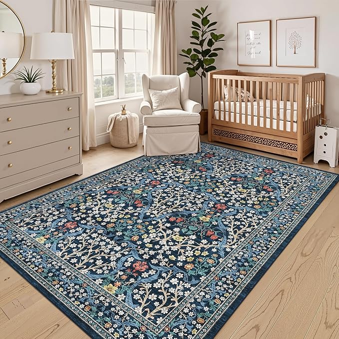 GarveeHome Blue Floral 5x7 Washable Area Rug for Living Room Bedroom | Vintage Stain Resistant Rugs for Large Room Low-Pile Non-Slip Carpet Soft Stain Resistant Botanical Boho Rug TPE Backing