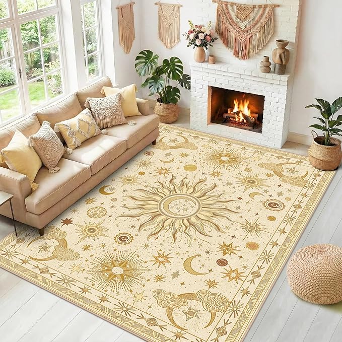 Vacuum-Friendly, 8x10 Washable Area Rug, Beige Camel Brown | Sun and Moon Boho Gothic Non-Slip Low Pile Living Roon Bedroom Dining Room Kitchen Entry Entryway Entrance Hallway Doormat