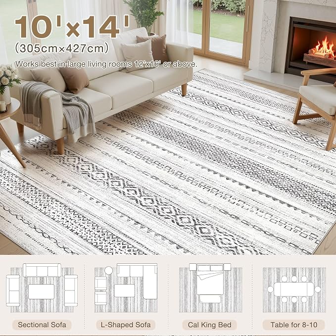 kakania Washable 10x14 Area Rug for Living Room: Boho Geometry Home Decor | Soft Stain Resistant, Low-Pile, Non-Slip, Pet & Kid Friendly, Thin Rug for Bedroom/Dining Room/Kids Dorm - Square Grey