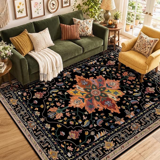 RELEANY Washable Area Rug, 6'x9', Black/Colorful | Non-Slip, Water Repellent, Pet Friendly, Easy to Clean, Vintage Floral Boho Decor for Living Room Bedroom Dining Room Office