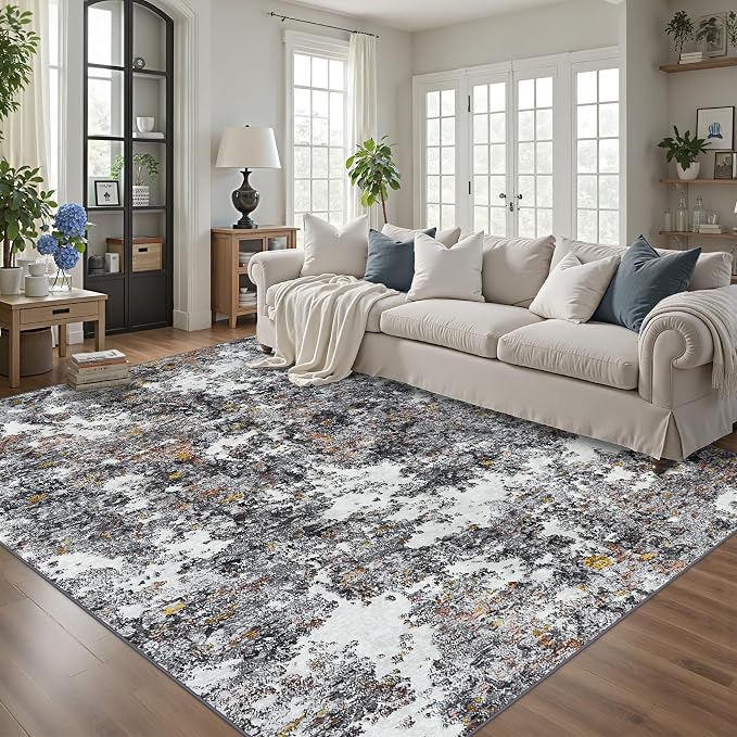 Tosuoka 8x10 Area Rugs for Living Room Abstract Washable Gray Multi Rug | With Anti-Slip Backing，Non-Shedding，Stain-Resistant，Soft Modern Large Carpet for Bedroom Dining Room Farmhouse Nursery