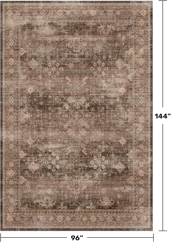 Gold Brown 8x12 Big Rugs for Living Room - Non Slip Washable Vintage Area Rug for Dining Room Under Table, Geometric Floral & Low Pile Boho Bedroom Decor