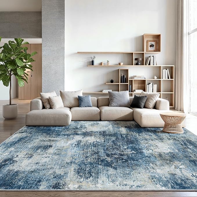 AMADA HOMEFURNISHING 9x12 Area Rugs for Living Room, Modern Large Area Rugs with Non-Slip Backing & Low Pile, Neutral Soft Washable Rug for Nursery, Bedroom, Dinning Room, Playroom, Navy Blue