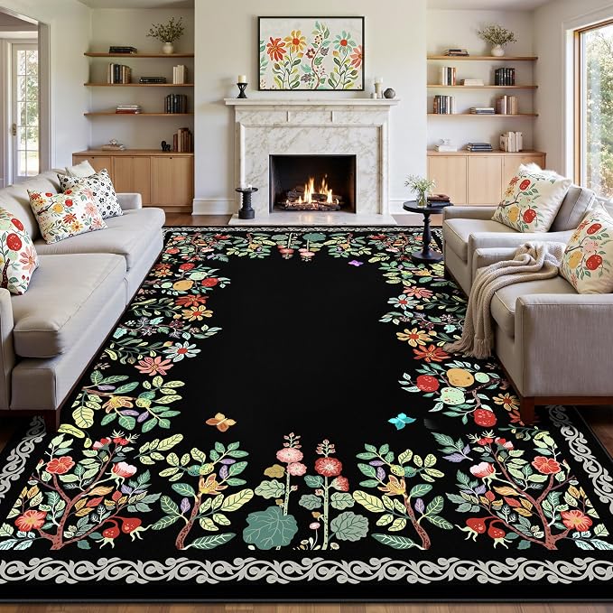 8x10 Area Rugs, Eco-Friendly Floral Washable Rug, Large Rugs for Living Room, Dining Room, Non-Slip Soft Durable Bedroom Rug（Black）