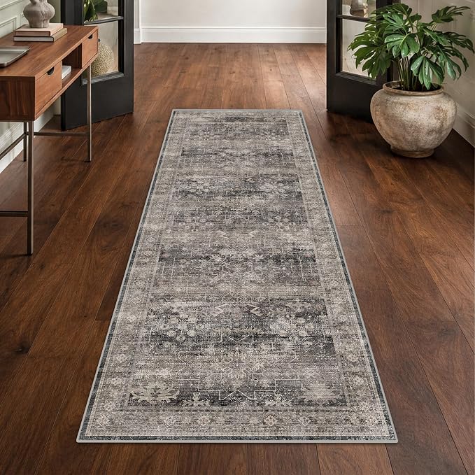 Washable 2x6 Runner Rug for Hallway, Low Pile Non-Slip Stain Resistant Bathroom Rug, Charcoal Stone Long Kitchen Runner Rugs, Modern Farmhouse Eclectic Mat for Laundry Room, Moody Décor