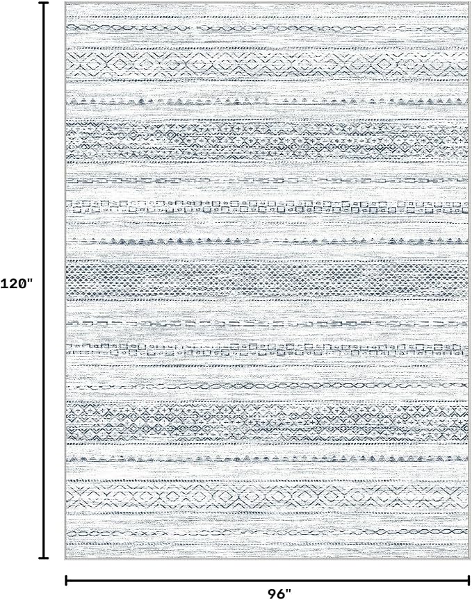 Nakagishi 8x10 Area Rugs Living Room: Washable Boho Large Neutral Soft Farmhouse Rug Stain Resistant Modern Indoor Floor Non-Slip Carpet for Bedroom Nursery Kids Playroom Office Dining Dorm-White Blue