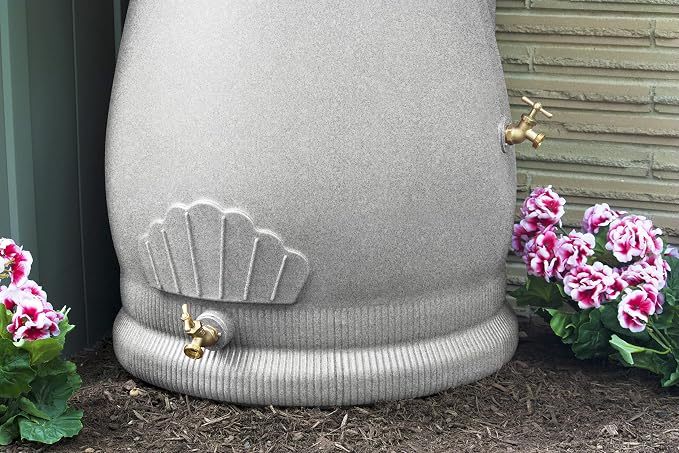 Good Ideas Rain Saver 50 Gallon Urn Shaped Self Draining Wizard Barrel Water Storage with Planter Space and 2 Brass Spigots, Light Granite