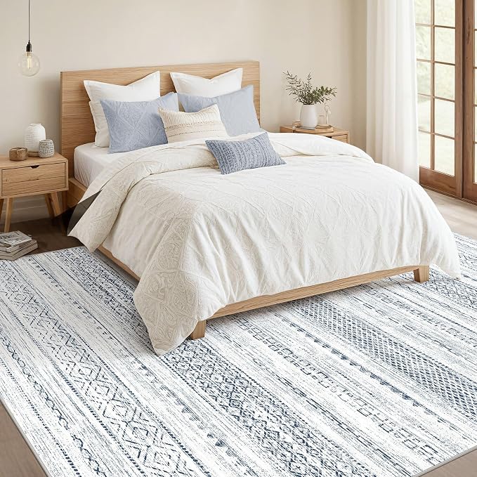 Nakagishi 8x10 Area Rugs Living Room: Washable Boho Large Neutral Soft Farmhouse Rug Stain Resistant Modern Indoor Floor Non-Slip Carpet for Bedroom Nursery Kids Playroom Office Dining Dorm-White Blue