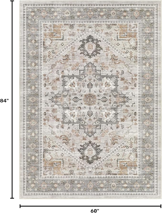 Washable Area Rug-5X7 Vintage Neutral Soft Taupe | Non Slip Thin Foldable Large Floor Carpet for Living Room Bedroom Kitchen Dining Room Home Office Farmhouse Indoor