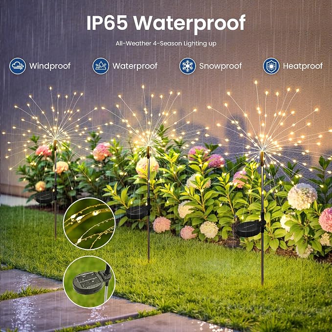 Solar Lights Outdoor, 120LED 4pack Fairy Garden Lights Decor for Outside Fireworks Lights Solar Powered for Yard, Patio, Pathway, Walkway, Balcony, Warm White