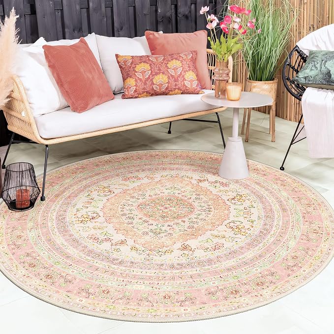 Round Area Rugs 6ft Washable,Pink Rug for Living Room Bedroom | Circle Boho Vintage Bohemian Distressed Farmhouse Carpet Non Slip for Dining Room,Blush Floral