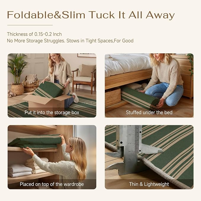 PureCozy Striped Easy Jute Rug 8x10 Green Living Room Carpet Washable Non Slip Bedroom Office Rug Farmhouse Neutral Non Shedding Indoor Outdoor Large Carpet for Kitchen Dining Room