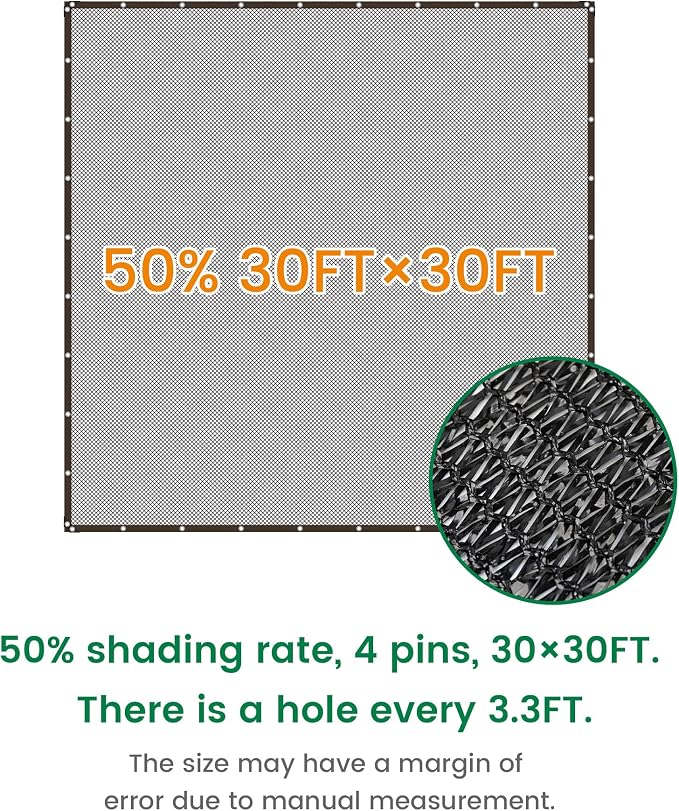 50% 30 X 30 FT Black Shade Cloth, Outdoor Woven Sun Shade with Grommets, Durable Breathable Netting Shading Antifreezing for Patio, Garden, DIY Home, Plants Cover, Greenhouse, Dog Kennel