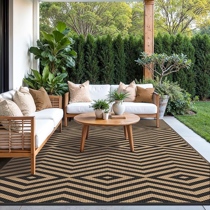 GENIMO Outdoor Rug for Patio Clearance, 8'x10' Reversible Plastic Straw Rugs, Lightweight Waterproof Modern RV Camping Mat for Camper, Balcony, Deck, Backyard, Picnic, Black Brown