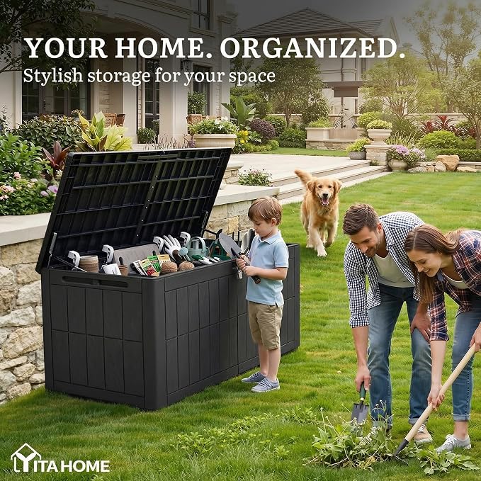 YITAHOME 134 Gallon Large Outdoor Storage Box with Lock | Waterproof Deck Box with Hydraulic Piston for Garden Tools, Pool Accessories & Cushions, Resin Deck Organizer with Bench
