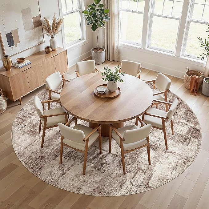 kakania Abstract 12x12 Round Rugs for Living Room: Circle Rugs 12FT Brown | Washable, Soft, Non-Slip, Low-Pile, Pet & Kid Friendly - Large Modern Home Decor Carpet for Bedroom/Dining Room/Nursery