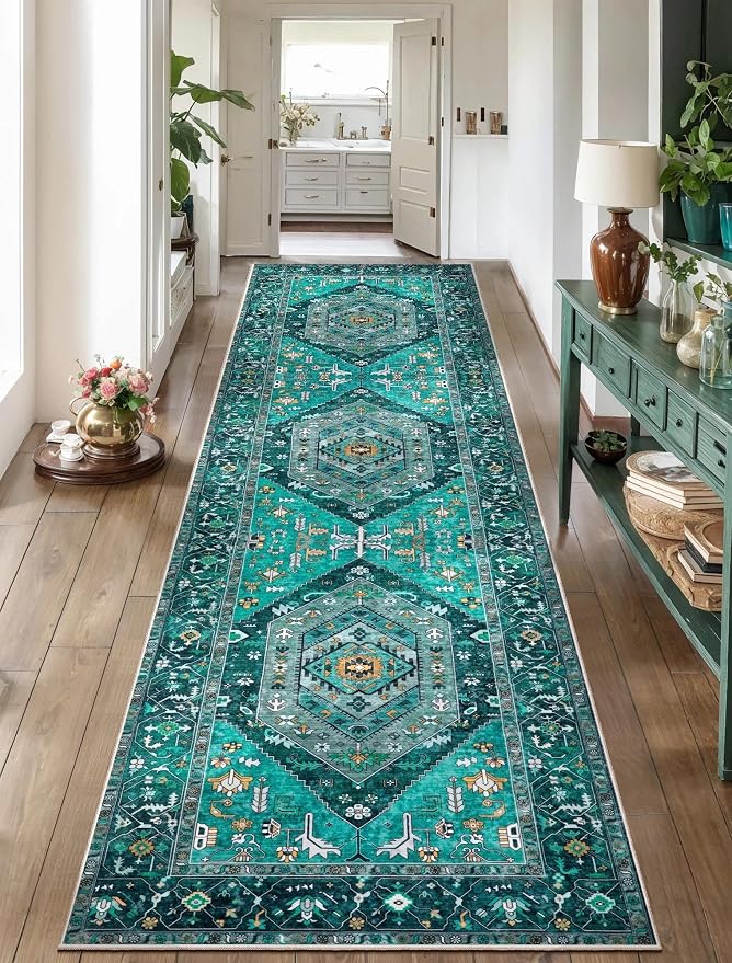 SERISSA 2'6"x10' Washable Non Slip Boho Runner Rug for Hallway，Teal | Ultra Soft Vintage Oriental Carpet Low-Pile Tribal Floor Carpet for Kitchen Bedroom Bathroom Laundry Room