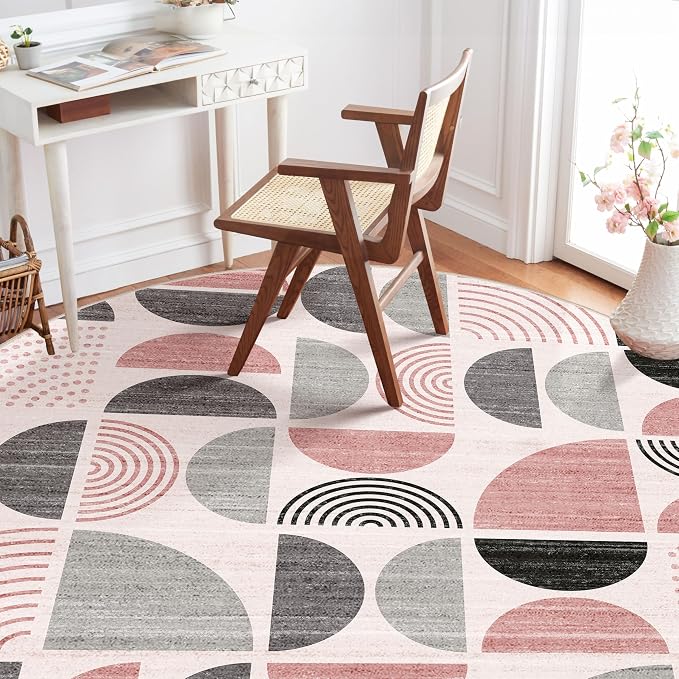 Round Rugs 6ft,Circle Area Rug Washable Non Slip Modern Abstract | Large Circular Rugs for Living Room Dining Room Boho Throw Carpet Soft Low Pile Floor Indoor Bohemian Pink and Grey