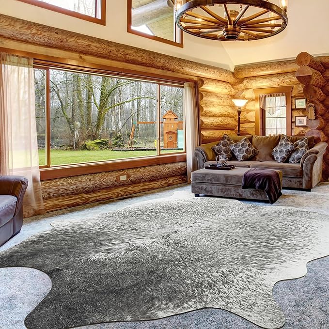 Large Washable Faux Cowhide Rug 6x7 Grey, Modern Farmhouse Animal Skin Area Rugs, Non Slip Cow Print Carpet for Large Living Room Bedroom Office, Vintage Aesthetic Floor Mat