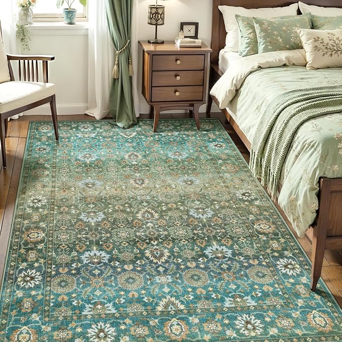 Ciicool Green Boho 4x6 Rug for Living Room Floral Indoor Non-Slip Carpet Soft Low Pile Bedroom Dining Room Washable Area Rugs Suitable for Playroom Laundry Office Home Decor