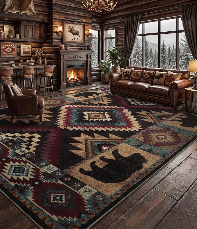 YIHOUSE Rustic Cabin Area Rug 9x12, Lodge Wildlife Bear Washable Large Area Rug, Southwestern Rustic Rugs for Living Room