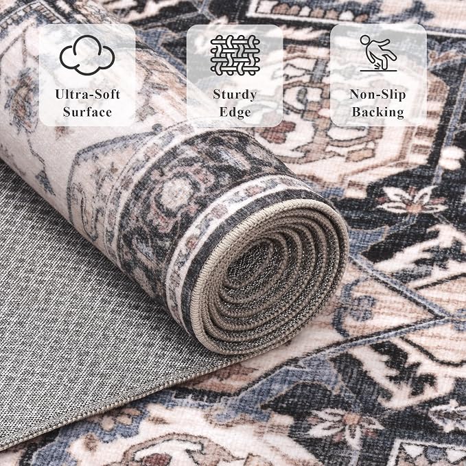 2x6 Vintage Runner Rug Low Pile Non-Slip Washable Hallway Rug | Retro Distressed Print Rug Non-Shedding Soft Washable Carpet Stain Resistant Runner for Hallway Kitchen Bedroom Laundry Room