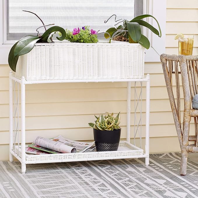 Household Essentials Raised Two‑Tier Plant Stand with Interchangeable Shelves, Resin Woven Planter and Tray, White
