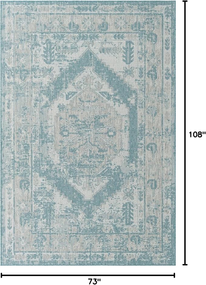 Unique Loom Outdoor Traditional Collection Area Rug - Valeria (6' 1" x 9' Rectangle, Aqua/ Ivory)