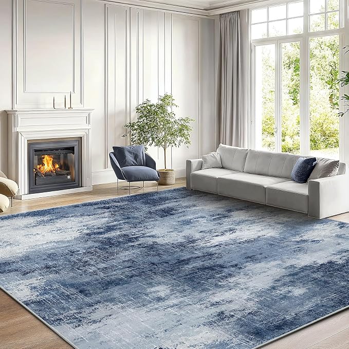 AMADA HOMEFURNISHING 9x12 Area Rugs for Living Room, Modern Large Area Rugs with Non-Slip Backing & Low Pile, Neutral Soft Washable Rug for Nursery, Bedroom, Dinning Room, Playroom, Dark Blue