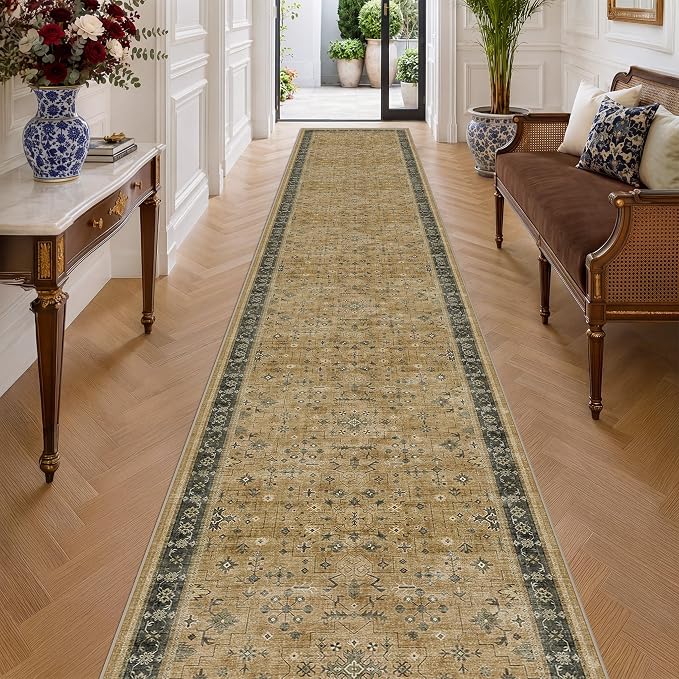 Washable Earthy Tone 3x20 Extra Long Hallway Runner Rug, Boho Kitchen Floor Rug Indoor, Non-Slip Stain & Fade Resistant, Vintage Rustic Brown and Charcoal Olive Floral Décor