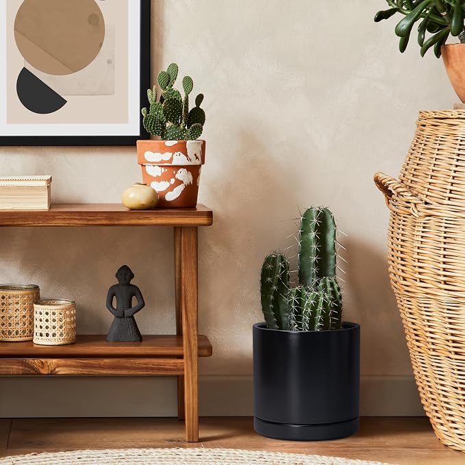 D'vine Dev 8.2 Inch Ceramic Planter Pot with Drainage Hole and Saucer, Indoor Cylinder Round Planter Pot, Black, 94-O-D-2