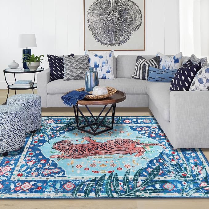 6x9 FT Leopard Rug for Living Room Vintage Animal Rug Aesthetic Rugs for Girls Room Nursery Bedroom Home Office Dorm Thin Bright Blue Carpet (Blue, 6X9 FT)