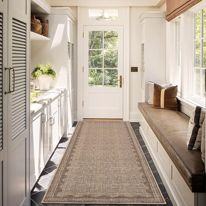 GarveeHome 2x6 Runner Rug for Hallway Washable Kitchen Rugs Non Slip Solid Coffee Modern Minimalism Soft Low-Pile Scalloped Indoor Carpet for Entryway Laundry Room Floor Mats
