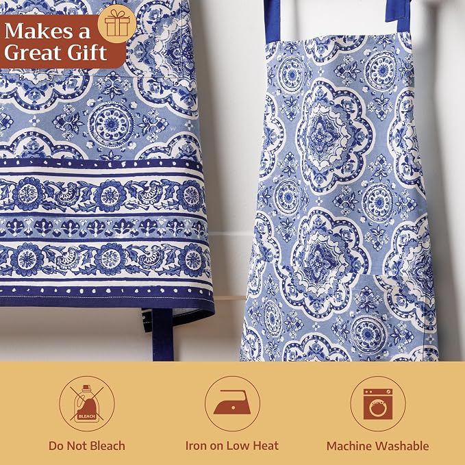 Maison d' Hermine Aprons for women with Pocket 100% Cotton (27.50"x31.50") | Adjustable Neck Strap & long ties Apron Men Chef Wedding Cooking Gardening Server Maid