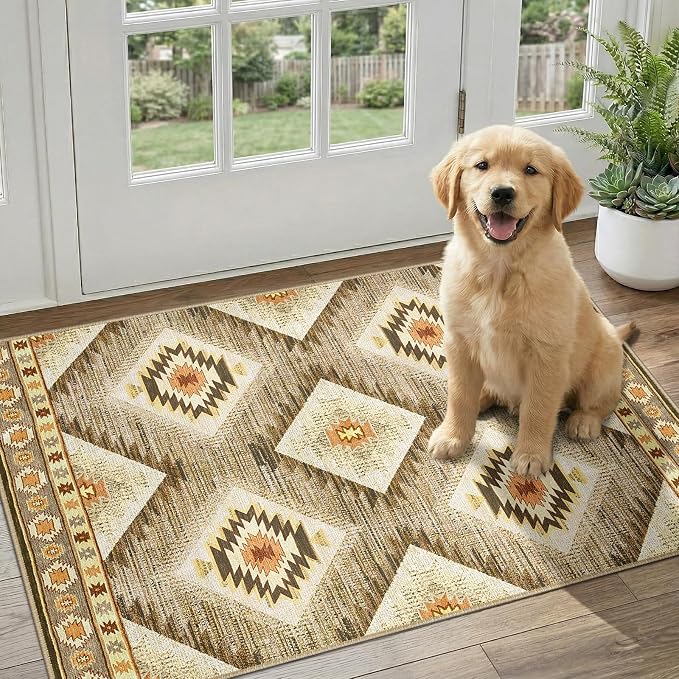 Area Rug 2x3 Rug Machine Washable Non-Slip Low Pile Print Pattern Western Rug for Living Room Bedroom Entryway Tribal Series -Cream/Camel | Western No Slip Low Pile Print Foldable Indoor Small Rug for Kitchen entryway doormat
