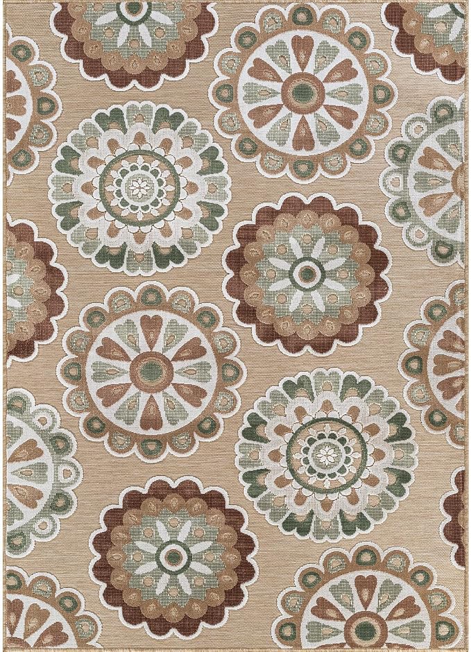 Outdoor Rug 10x14 Washable Area Rugs Indoor Outdoor Carpets Beige Bohemian Medallion Non Shedding Waterproof Easy Clean Patio Deck Porch Living Room Bedroom Garden RV (10 X 14 Beige)