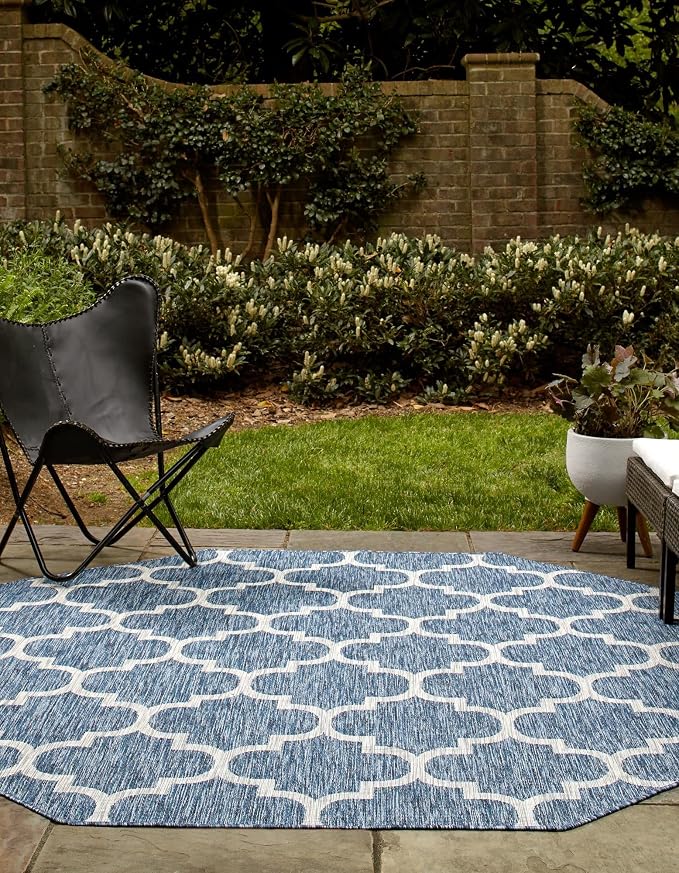 Unique Loom Outdoor Trellis Collection Area Rug - Trellis (Octagon 5' 0" x 5' 0", Navy Blue/ Ivory)