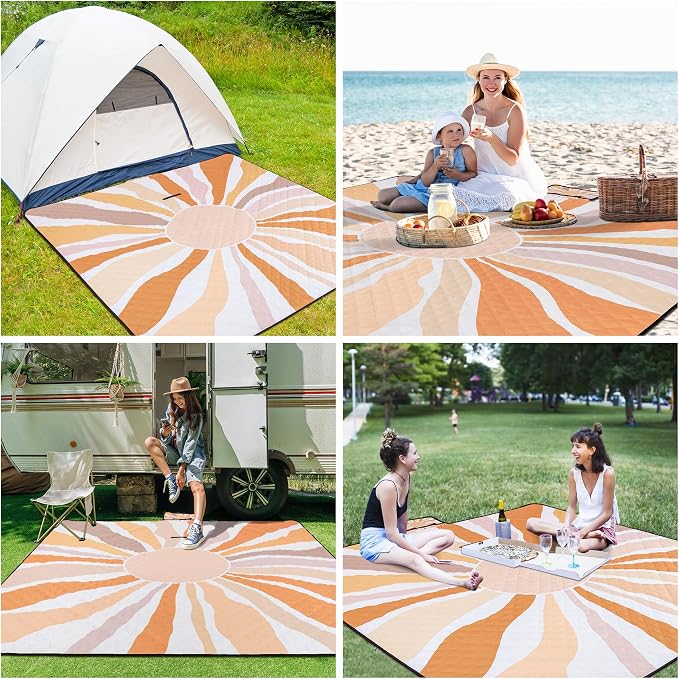 Picnic Blankets, Large Beach Blanket Waterproof Sandproof, Foldable & Portable Outdoor Picnic Blanket, 79''x79'' 3-Layer Picnic Mat for Camping, Park, Travel, Grass Lawn-Boho Sunburst