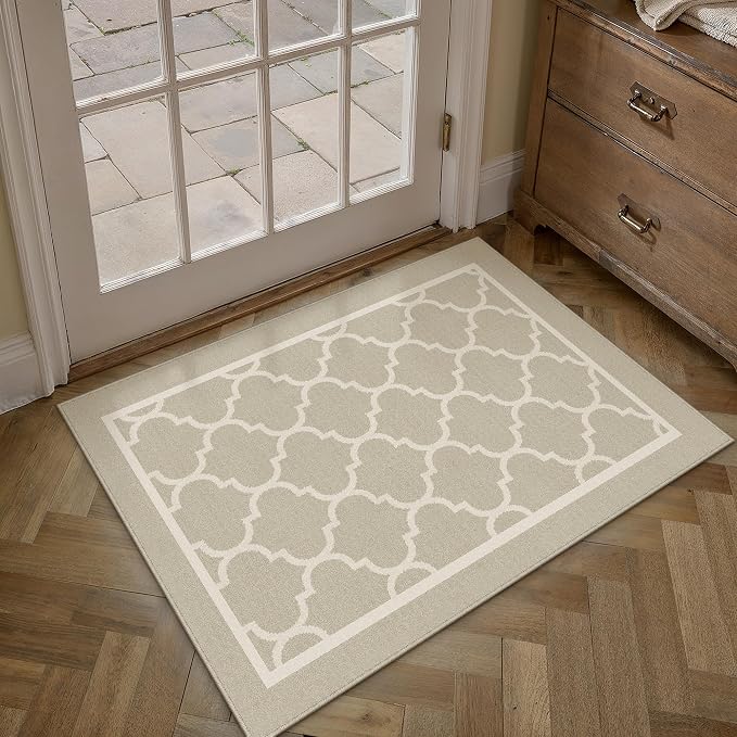 Beige 2x3 Washable Area Rug Entryway Small Non Slip Door Mat | Soft, Low Pile, Easy Clean, Indoor Rugs for Kitchen, Hallway, Bathroom, Laundry Room, Modern Neutral Decor
