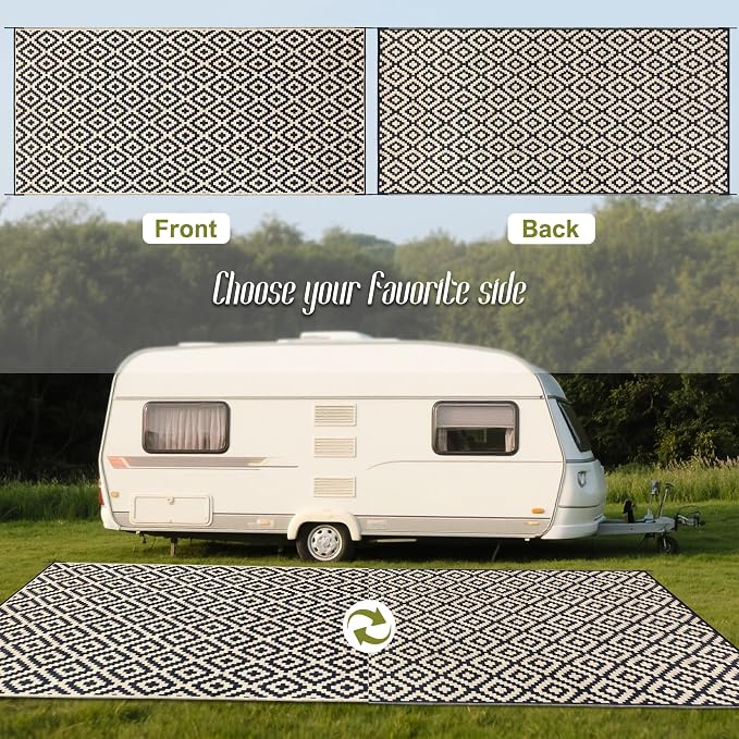 SAND MINE Reversible Mats, Plastic Straw Rug, Modern Area Rug, Large Floor Mat and Rug for Outdoors, RV, Patio, Backyard, Deck, Picnic, Beach, Trailer, Camping (8' x 16', Black & Beige Lattice)