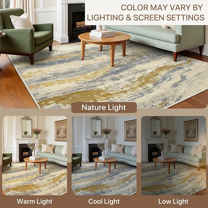 BEIMO 2x7 Non Slip Runner Rugs for Hallway, Wave Abstract Golden Beige | Soft Machine Washable Modern Runners,Streaks Pattern Indoor Marble Carpet for Kitchen Laundry Room Bedroom Bathroom